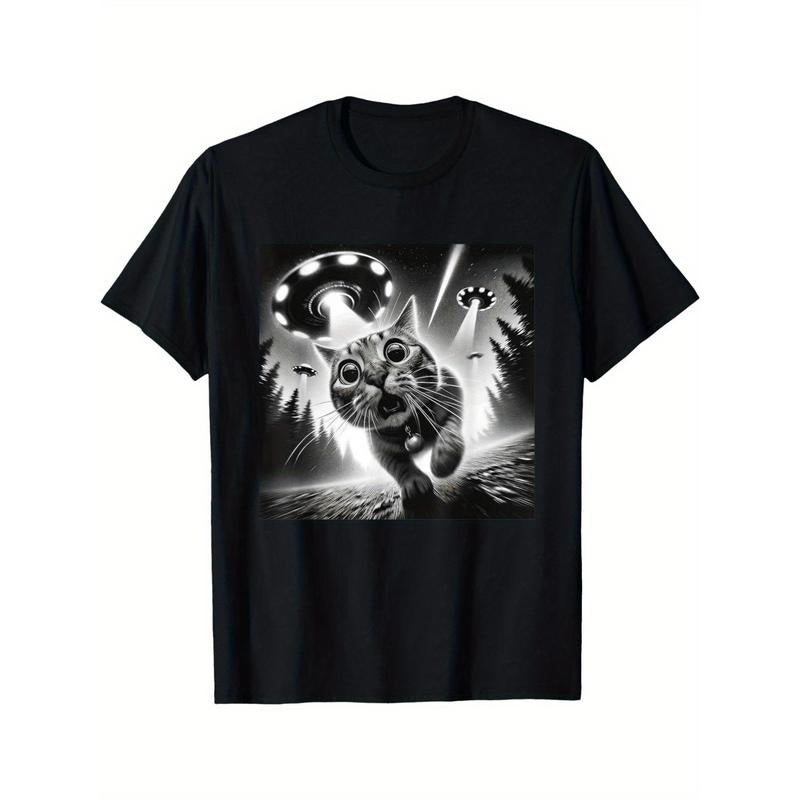 Fun cat UFO print, men's casual short-sleeved round neck cotton T-shirt, breathable and comfortable, suitable for spring...