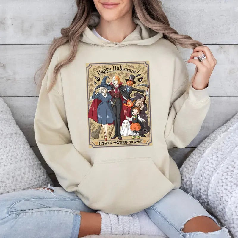 Funny Anime Halloween Sweatshirt, Howls Moving Castle, Howl And Sophie, Calcifer T-Shirts, Hoodie | UrbanDripWear.com