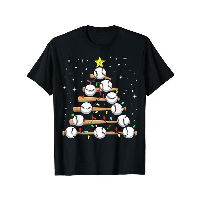 Funny Baseball Player Xmas Baseball Christmas Tree T-Shirt, 100% Cotton, Fabric Weight 180g, Single sided printed men'S...