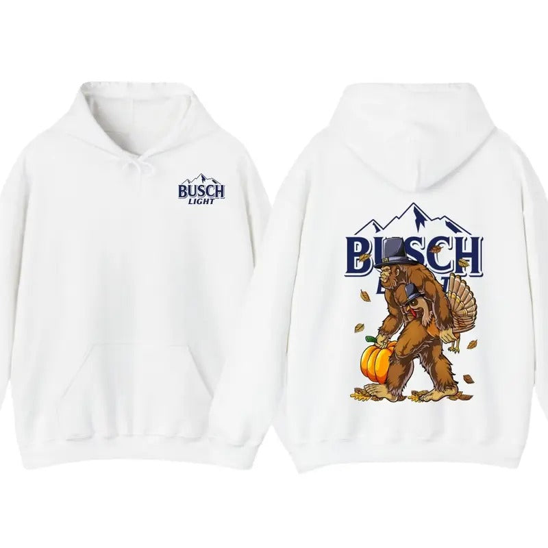 Funny Bigfoot Thanksgiving Busch Light Turkey Pumpkin turkey day T-Shirt, Turkey Hoodie Sweatshirt | UrbanDripWear.com