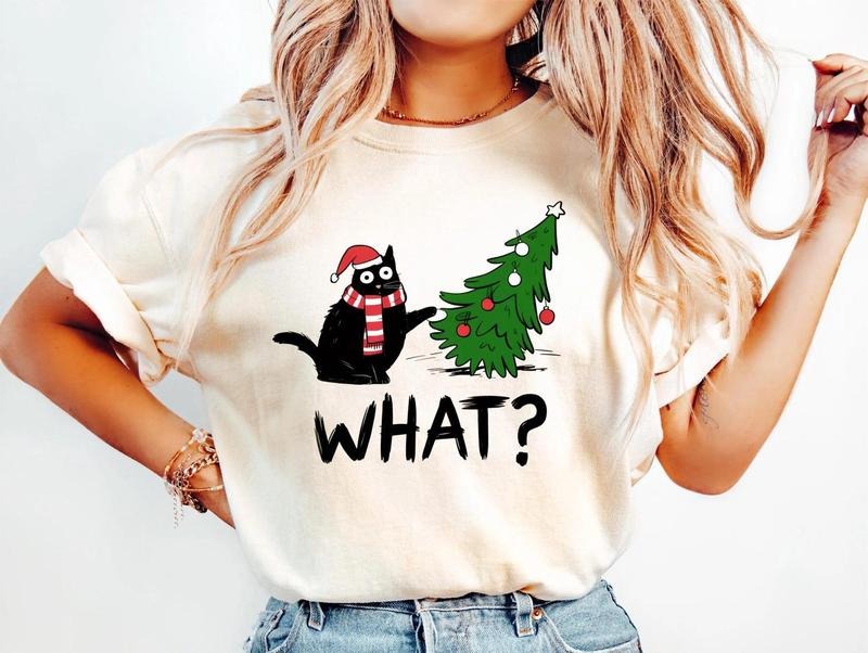 Funny Cat Christmas Shirt What? Christmas Tree Knocked Over Tee Cute Holiday Cat Lover T-Shirt Humorous Xmas Gift Hoodie,...