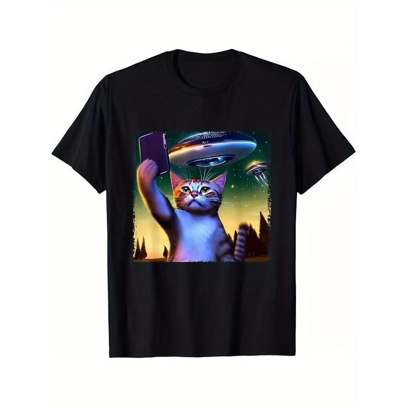 Funny Cat Selfie With UFO Printed Men's Cotton T-shirt made in usa Hoodie, Sweatshirt | UrbanDripWear.com