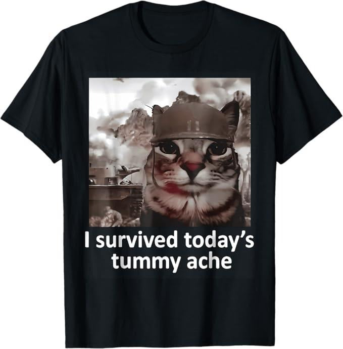 Funny Cat Shirts, I Survived Today's Tummy Ache Groovy Funny Cat T-Shirt