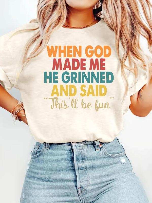 Funny Christian T-Shirt 'god Created Me Laughing' Print Round Neck, Casual Vacation Women's Short Sleeve Top, Soft...