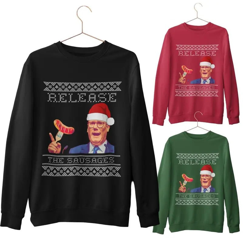 Funny Christmas Jumper 2024 - Keir Starmer Release the Sausages Sweatshirt - Alternative T-Shirts, Hoodie | UrbanDripWear.com