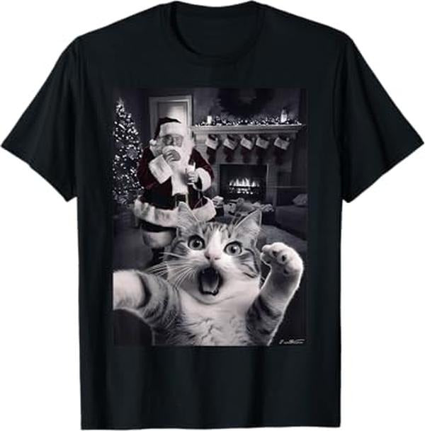 Funny Christmas Shirts, Funny Cat Selfie With Santa Christmas T-Shirt - Menswear Top Hoodie, Sweatshirt | UrbanDripWear.com