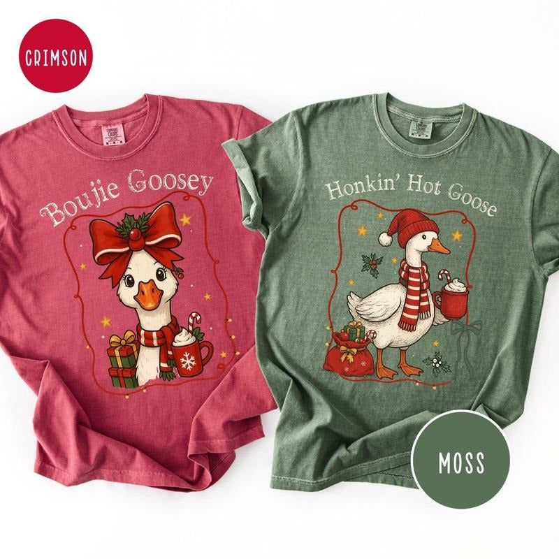 Funny Christmas Silly Goose Couples Comfort Colors Matching Shirts, Boujie Goosey and Honkin' Hot Christmas Party Gift...