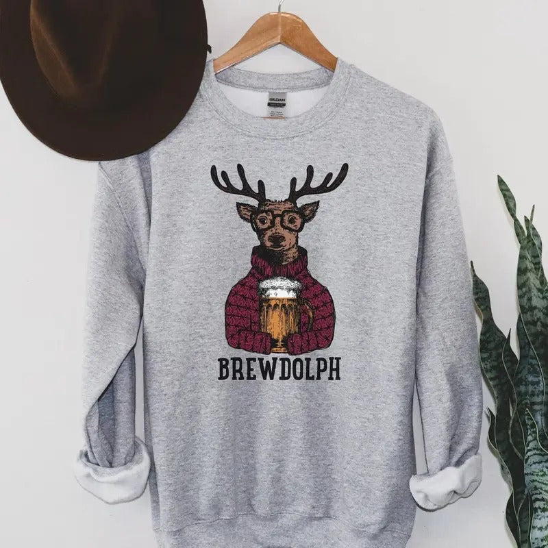 Funny Christmas Sweatshirt, Beer Lover Christmas T-shirt, Reindeer Christmas Holiday Party Crewneck Sweater Hoodie