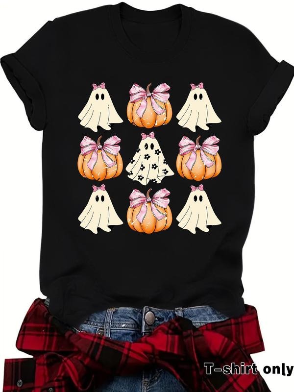 Funny Coquette Bow Pumpkin Halloween Ghost T-Shirt, Casual Fitted Summer Top, Moderate Fabric, Perfect for Spooky Season...