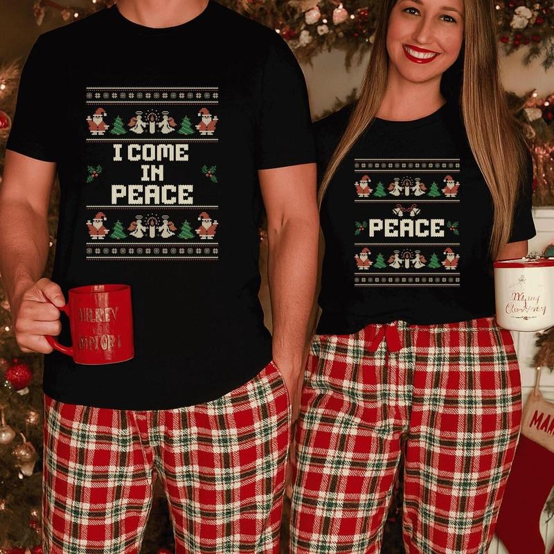 Funny Couple Christmas Matching I Come In Peace Shirts, Cute Married Holiday T-Shirts, Xmas Humor Outfits for Couple Xmas...