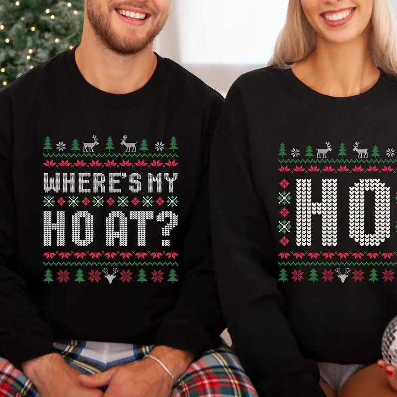 Funny Couple Ugly Christmas Sweater, Where's My Ho At Ugly Shirt, Ho Sweater Humorous Couples Matching Party Casual...