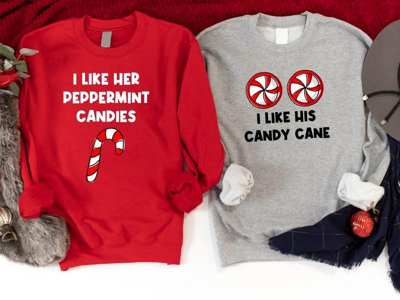 Funny Couples Christmas Sweatshirts, I Like Her Peppermint Candies, I Like His Candy Cane Sweater, Wife Husband X-mas...