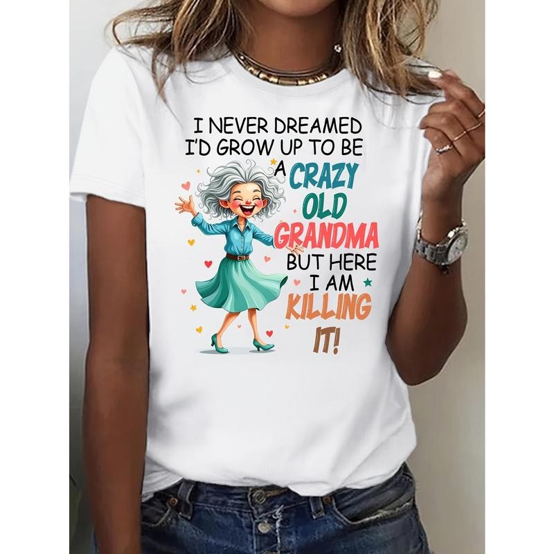 Funny Crazy Old Grandma Womens Playful Graphic Print Tee, Casual Wear Summer Short Sleeve, Relaxed Fit T-shirt style 02...