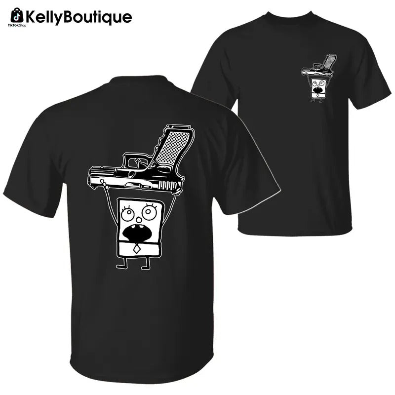 Funny Doodlebob Holding a Glock 2 Sided Graphic Printed Unisex Classic Cotton T-shirt Sweatshirt Hoodie | UrbanDripWear.com