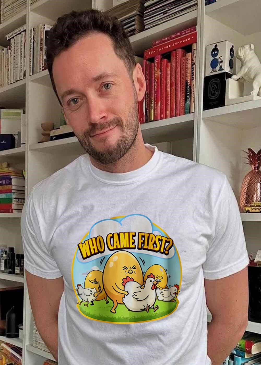 Funny Eggs Pushing Chickens Who Came First T-Shirt