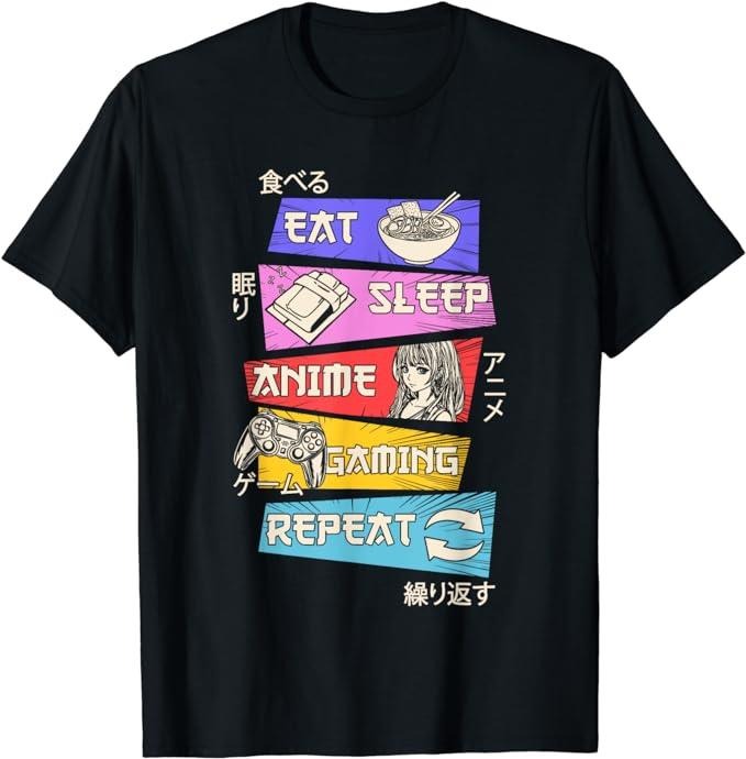 Funny Gamer Shirts, Special Gifts For Gamers, Eat Sleep Anime Gaming Repeat Otaku Gamer Japanese Anime T-Shirt Menswear...
