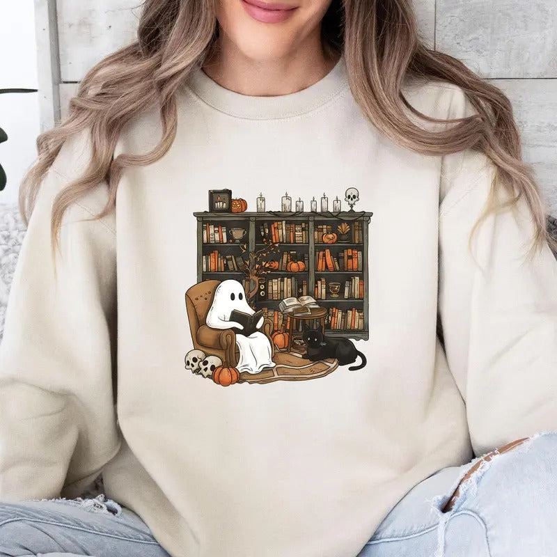 Funny Ghost Sweatshirt, Reading Ghost Sweater, Funny Halloween Top, Black Cat Jumper, Halloween Party Top, Halloween...