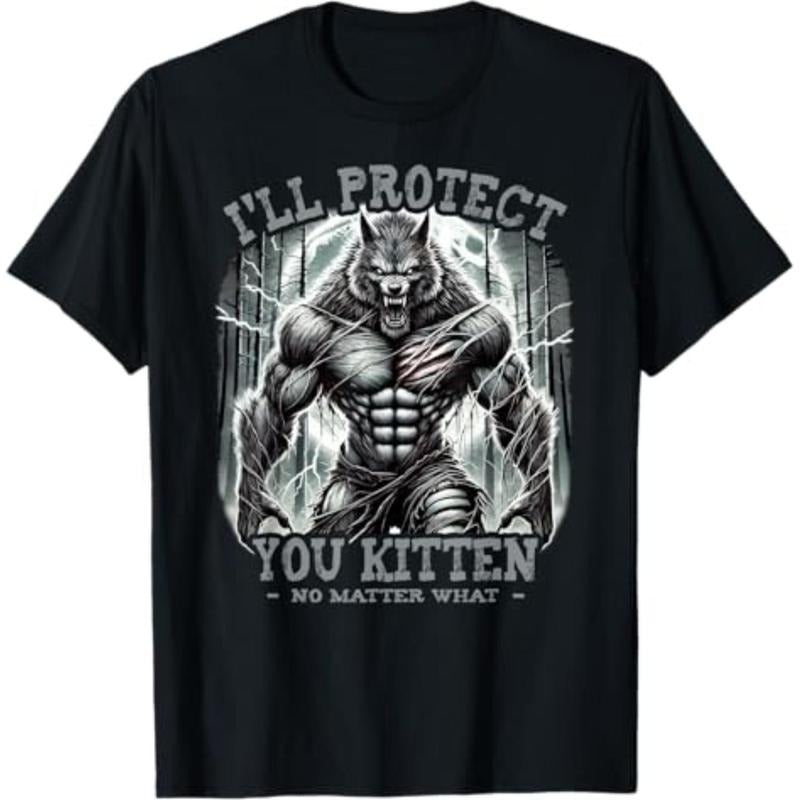 Funny Graphic Tee I'll Protect You Kitten Alpha Wolf T-Shirt Menswear Top Casual Streetwear Hoodie, Sweatshirt