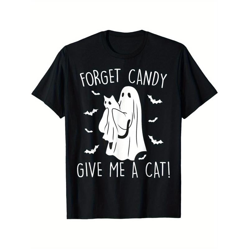 Funny Halloween Cat Ghost Forget Candy Give Me Cat Halloween T-Shirt - Casual Summer Tee for Men