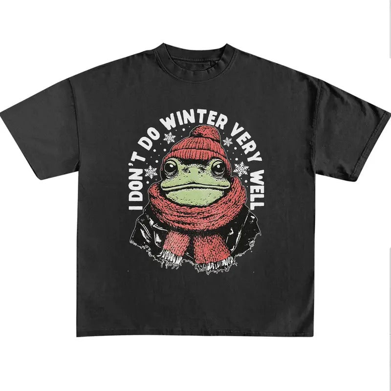 Funny Meme Don't Do Winter Very Well Graphic Shirt, Unisex Retro Christmas Frog Gift, Vintage Style Cotton Shirt,...