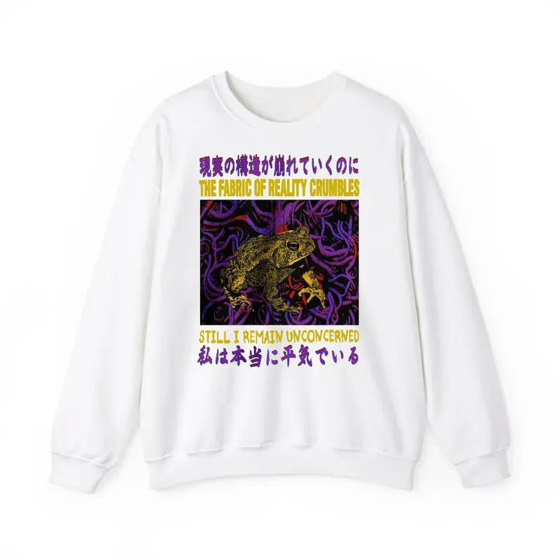 Funny Meme Japanese The Fabric Of Reality Crumbles Sweatshirt, Vintage Frog Toad Weird Urban Shirt, Retro 90s Silly Frog...