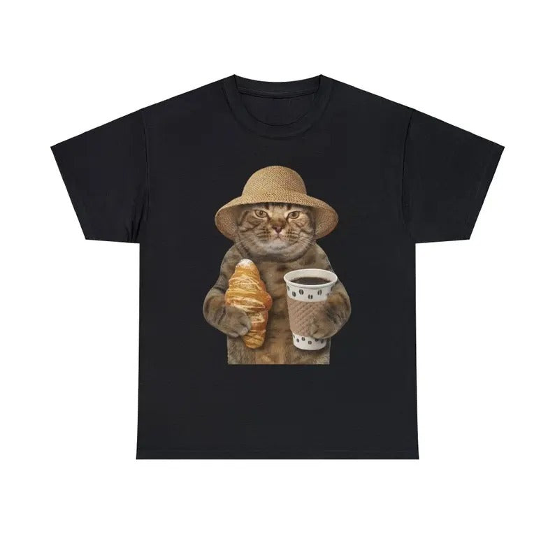 Funny Meme Shirt, Cat With Coffee And Croissant Tee, Gift Unisex T-Shirt Hoodie, Sweatshirt | UrbanDripWear.com