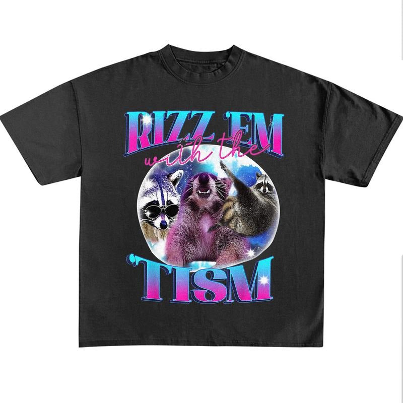 Funny Meme Shirt, Rizz Em With The Tism Vintage Bootleg Shirt, Vintage 90s Funny Raccoon Graphic Shirt, Raccoon Meme...