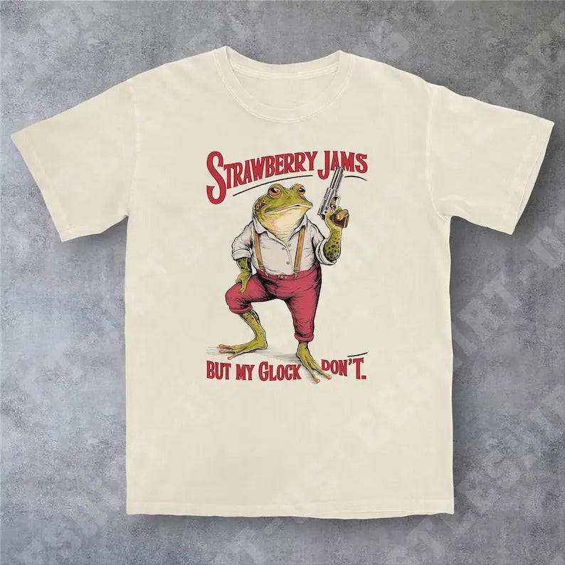 Funny Meme Shirt, Strawberry Jams But My Glock Don't Tee, Frog Y2K Gift Unisex T-Shirt Hoodie, Sweatshirt | UrbanDripWear.com