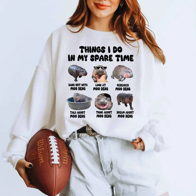 Funny Moo Deng Meme T-Shirt, Things I Do In My Spare Time Moo Deng Shirt, Baby Hippo Khao Kheow Open Zoo Tee, Cute Baby...