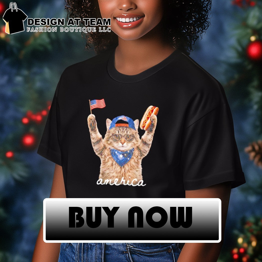 Funny Patriotic Cat American Flag Hot Dog Fourth Of July shirt