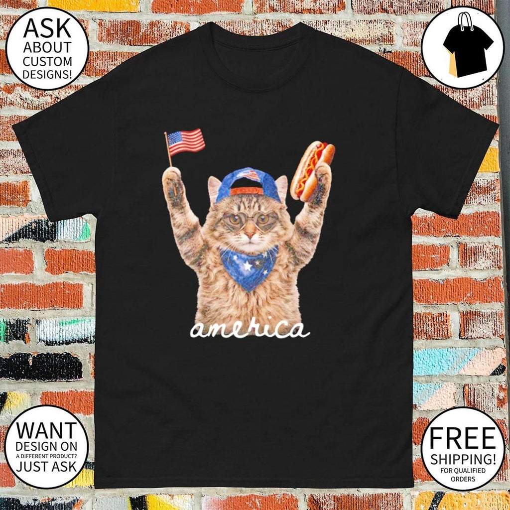 Funny Patriotic Cat American Flag Hot Dog Fourth Of July shirt