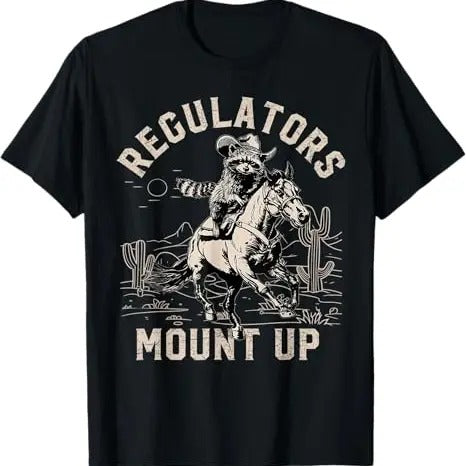 Funny Raccoon Shirt, Regulators Mount Up Halloween Funny Cowboy Raccoon T-Shirt For Men