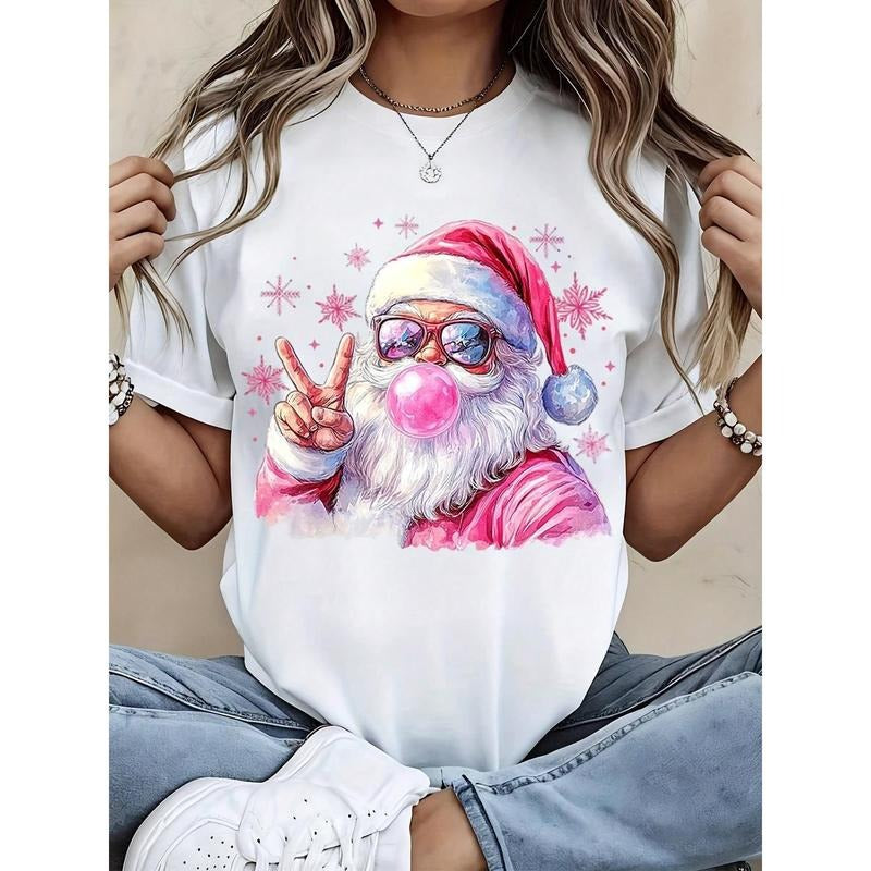 Funny Santa Claus Blowing Bubble Gum Christmas T-Shirt For Women, Casual Holiday Graphic Tee With Sunglasses And Peace...