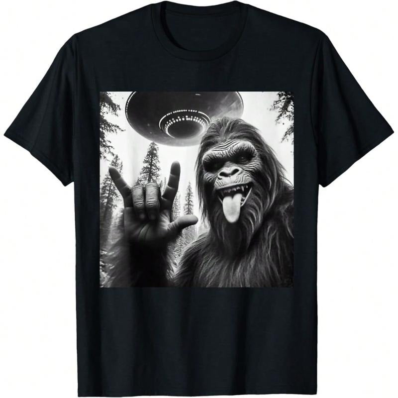 Funny Sasquatch Bigfoot Rock On Selfie With UFO Alien T-Shirt Unisex Graphic T Shirts Cotton Hem Black Crewneck Short...