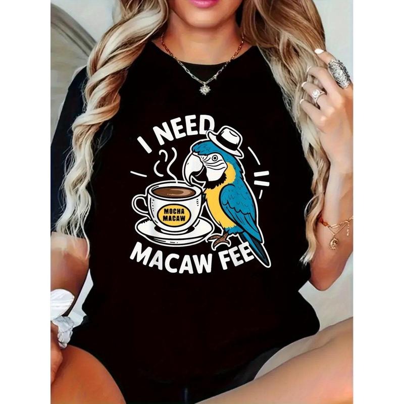 Funny Scarlet Macaw Parrot And Coffee Macawfee Women WoWomen T-Shirt, Single Side Printed, Black Short Sleeve T-Shirt,...