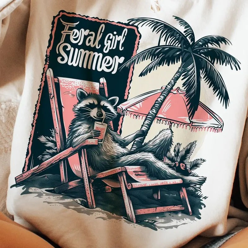 Funny Summer T-Shirt: Feral Girl & Raccoon Designs for a Hilarious Summer Look! Hoodie, Sweatshirt | UrbanDripWear.com