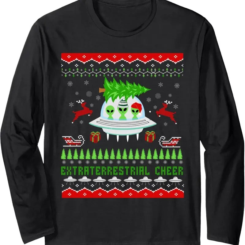 Funny Ugly Christmas Alien UFO Santa Reindeer Tree Gift Kids Long Sleeve T-Shirt Hoodie, Sweatshirt | UrbanDripWear.com