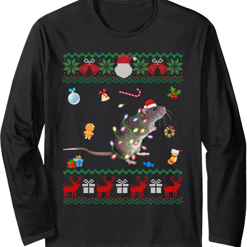 Funny Ugly Xmas Sweater Animals Lights Christmas Rat Long Sleeve T-Shirt Hoodie, Sweatshirt | UrbanDripWear.com