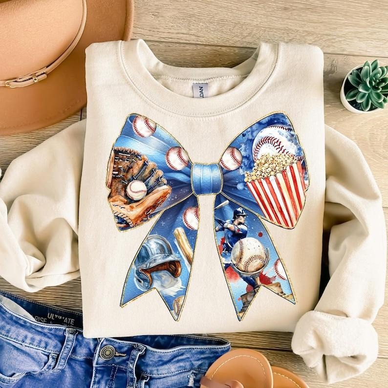 Game Day Baseball Coquette Bow , Baseball Mama , Baseball Mom , Blue  At the Ballpark Sweatshirt T-Shirts, Hoodie