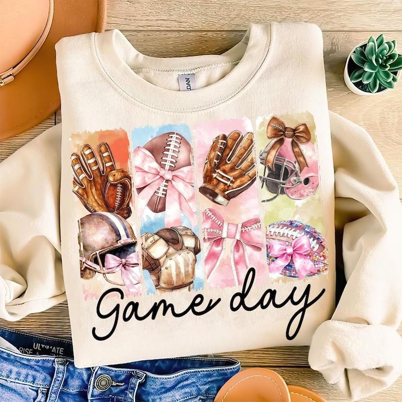 Game Day Football Coquette Bow , Football Mama , Football Mom , Brushstroke  Touchdown Sweatshirt T-Shirts, Hoodie