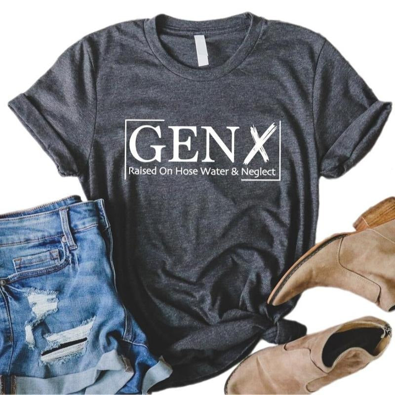 Gen X Raised On Hose Water And Neglect T-Shirt Women's Autumn Crewneck Short Sleeve Top Streetwear Sarcastic Tee Hoodie,...