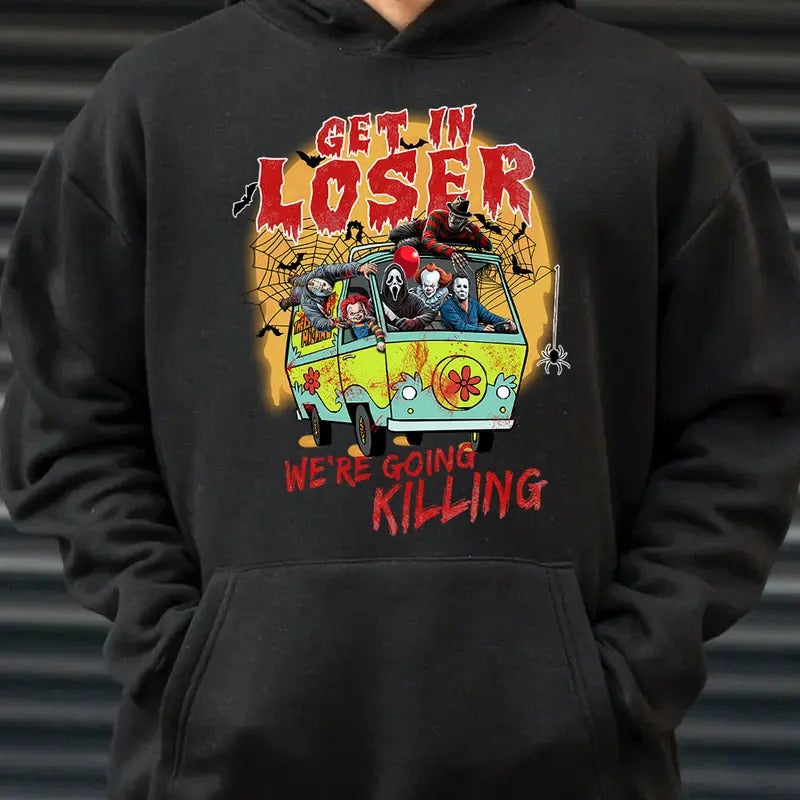 Get In Loser Shirt, Halloween Horror Characters Shirt, Trending Halloween Shirt Hoodie, Sweatshirt | UrbanDripWear.com