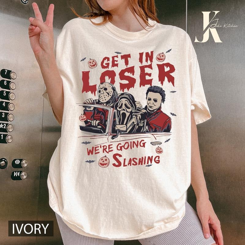 Get In Loser We Are Going Killing Shirt, Retro Halloween Shirt, Halloween Horror Movie Characters Shirt, Horror Halloween...