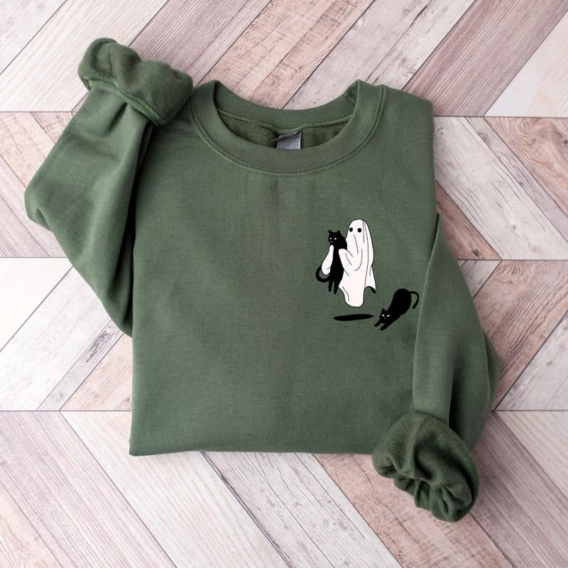 Ghost Black Cat Sweatshirt, Black Cat Halloween Sweatshirt, Ghost Shirt, Ghost Halloween Shirt, Black Cat Fall...