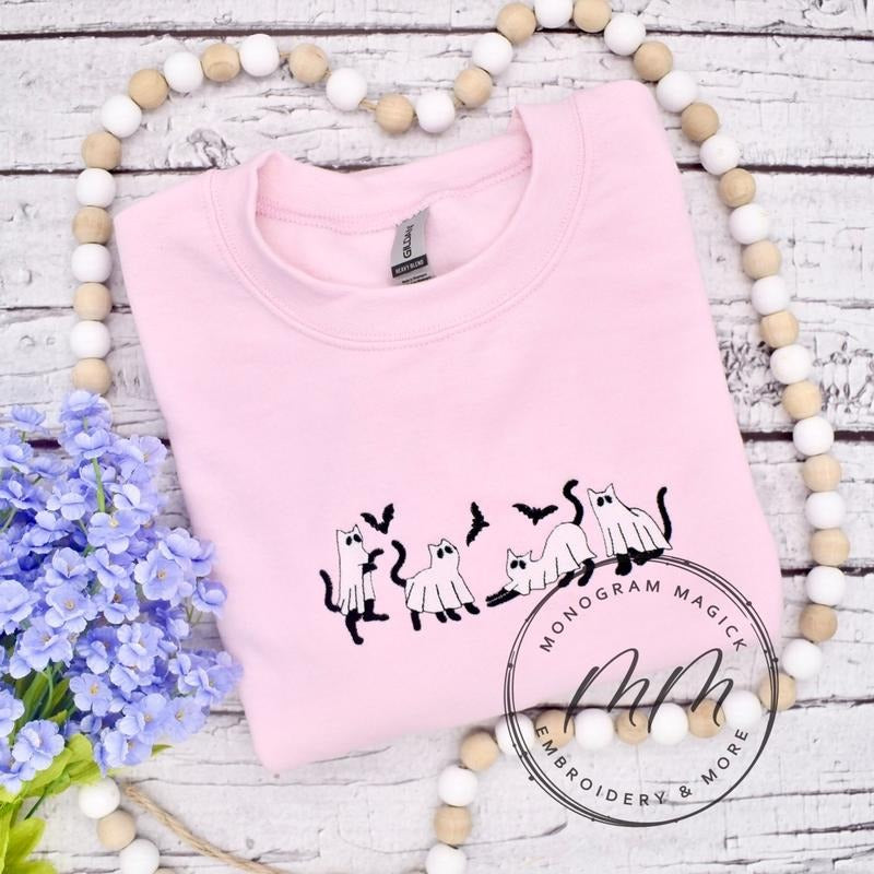 Ghost Cats Sweatshirt, Embroidered Ghost Sweatshirt T-Shirts, Hoodie | UrbanDripWear.com