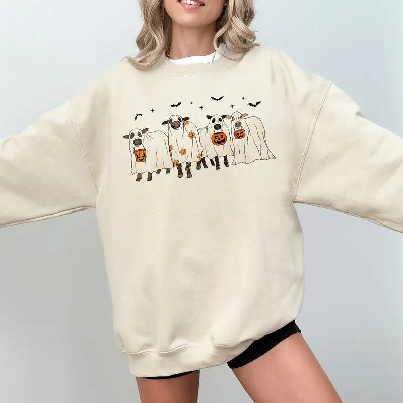 Ghost Cows Halloween Crewneck Sweatshirt, Hoodie, T-shirt | UrbanDripWear.com