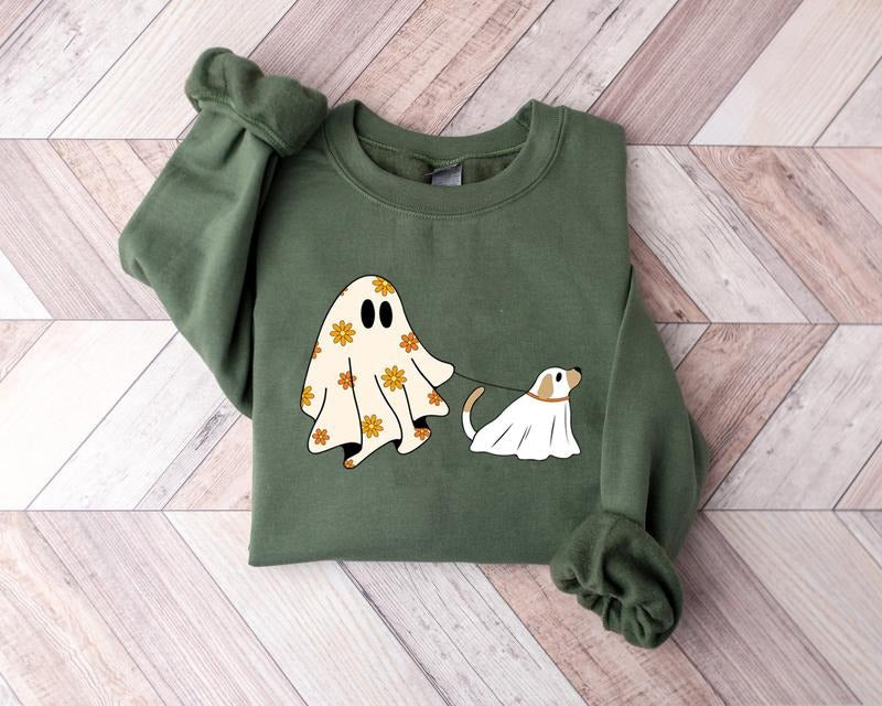 Ghost Dog Sweatshirt, Cute Ghost And Dog Shirt, Floral Ghost Shirt, Dog Lovers Halloween Gift, Halloween Dog Shirt,...