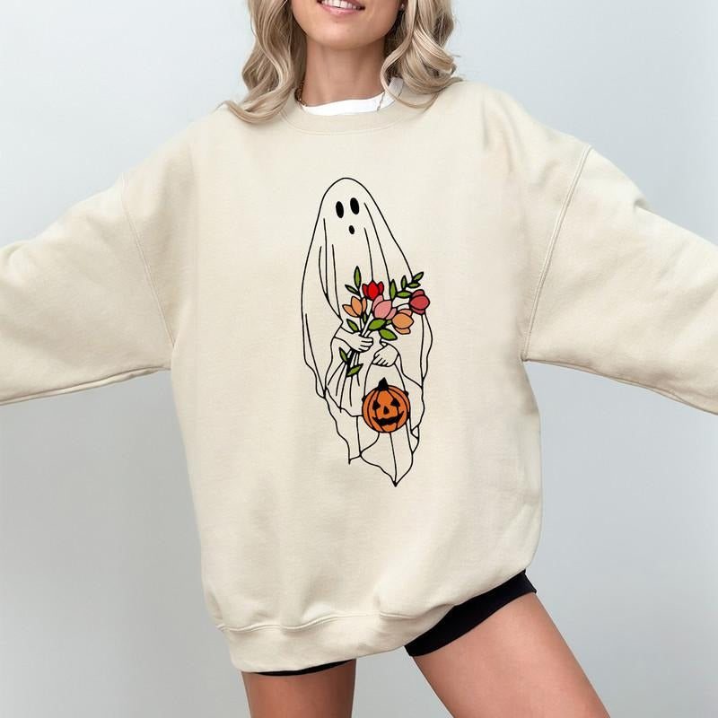 Ghost Halloween Sweatshirt, Floral Ghost Halloween Sweatshirt, Ghost Pumpkin Floral Sweater, Swoosh Halloween Crewneck...