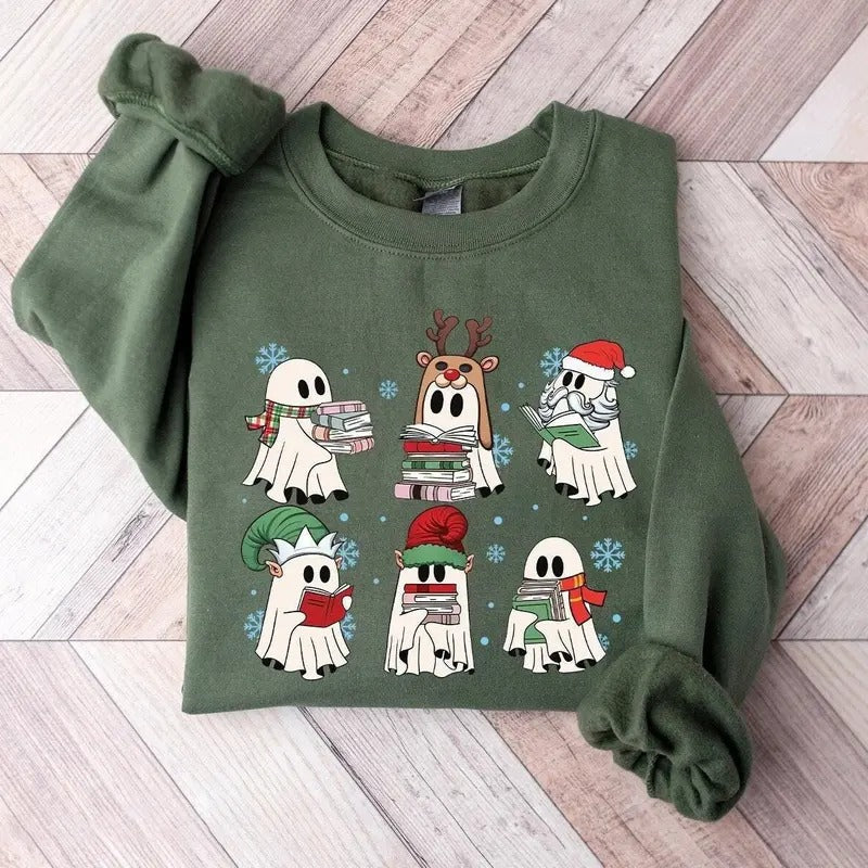 Ghost Reading Books Christmas Sweatshirt, Bookish Christmas Sweater, Cute Ghost Xmas Shirt, Christmas Teacher Gift Shirt,...