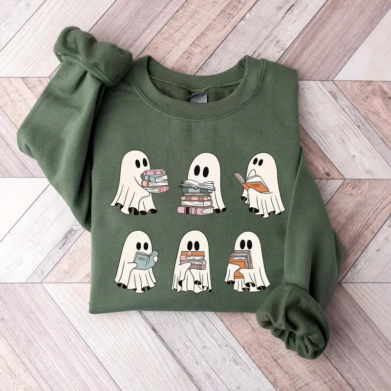 Ghost Reading Books Sweater Bookish Halloween Sweatshirt Halloween Teacher Gift Librarian Halloween Hoodie Ghost Crewneck...